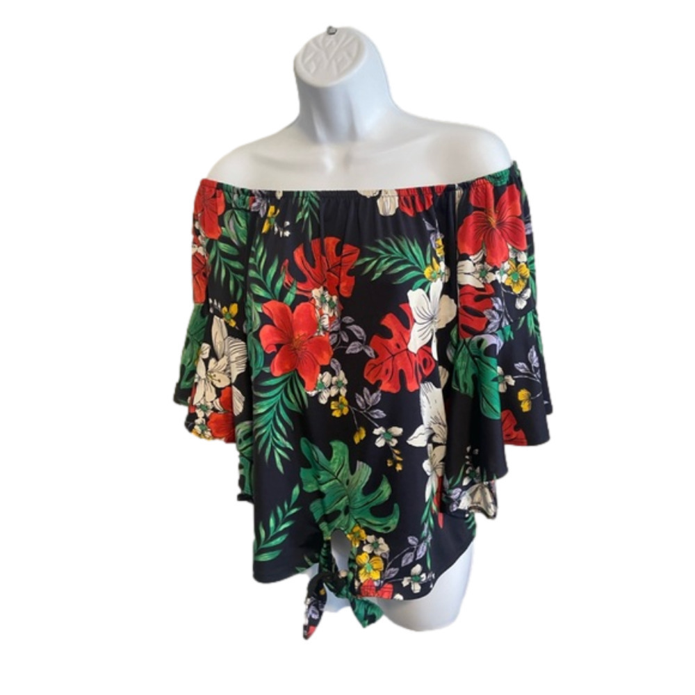 Off The shoulder Navy Floral Top Small Ruffle Tie Front Resort Feminine Tropical - Picture 5 of 10